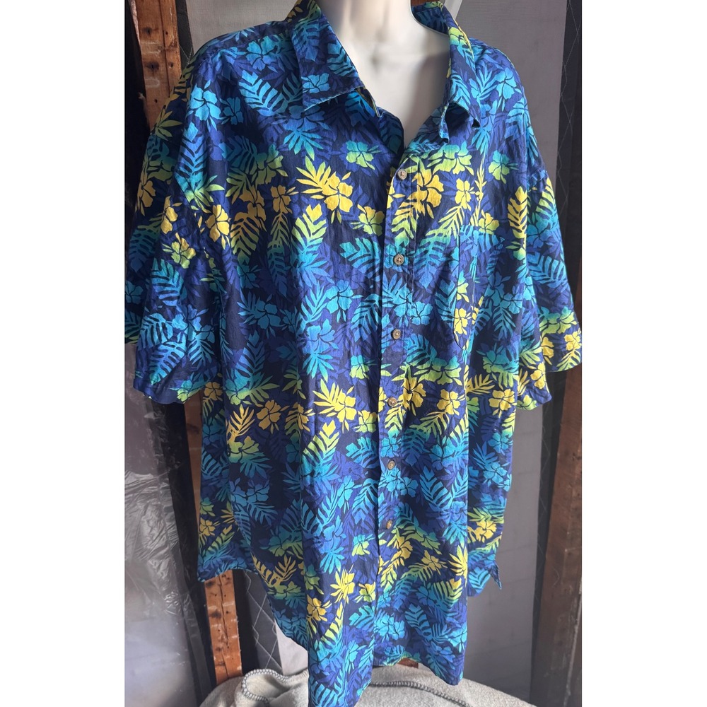 Oak Hill Mens 3XL Tropical Floral Cotton Button Down Shirt Blue Yellow Short Slv